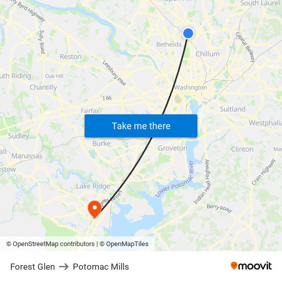 Forest Glen to Potomac Mills map