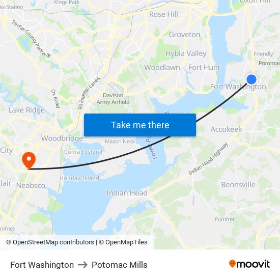 Fort Washington to Potomac Mills map