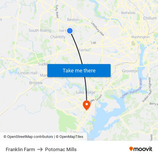 Franklin Farm to Potomac Mills map