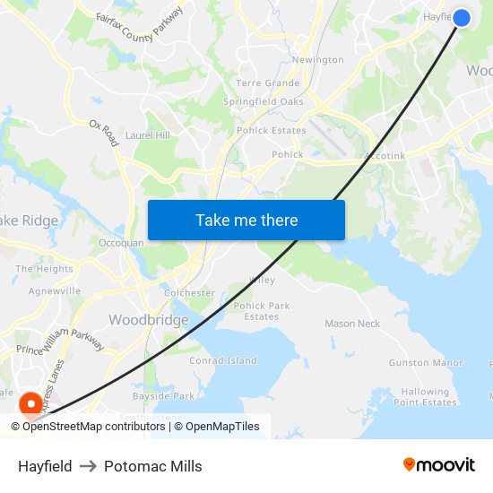 Hayfield to Potomac Mills map