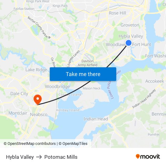 Hybla Valley to Potomac Mills map