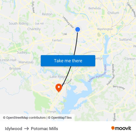 Idylwood to Potomac Mills map