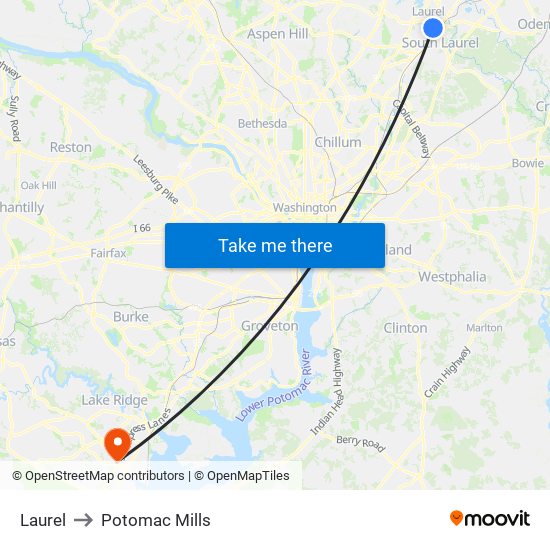 Laurel to Potomac Mills map