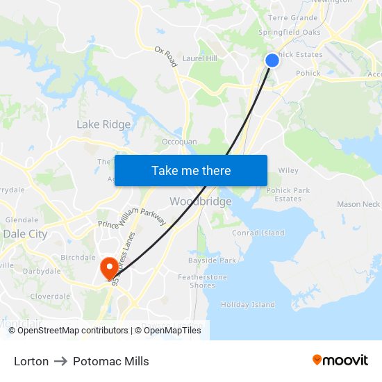 Lorton to Potomac Mills map