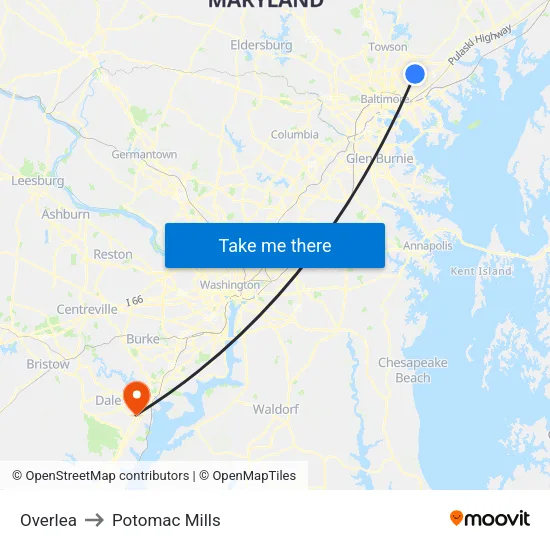 Overlea to Potomac Mills map