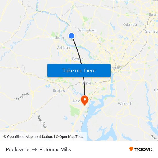 Poolesville to Potomac Mills map