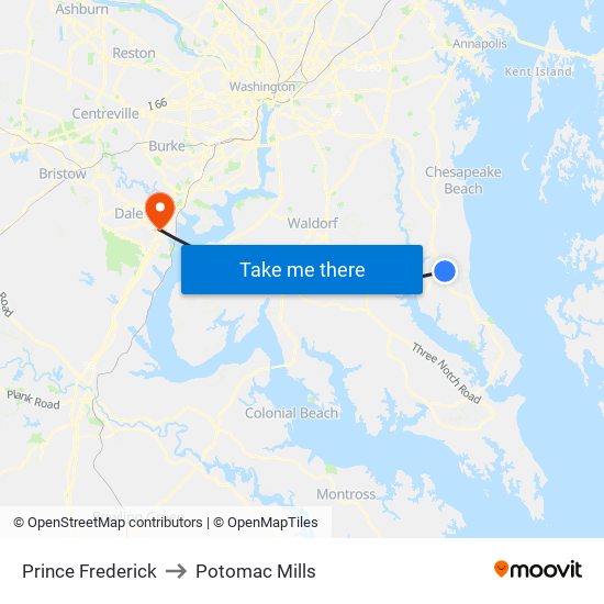 Prince Frederick to Potomac Mills map