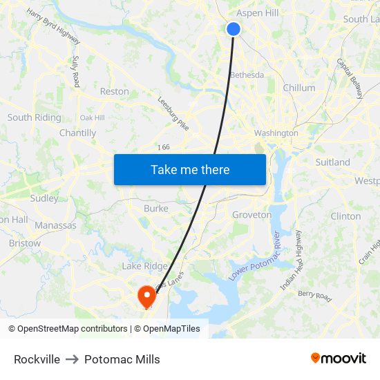 Rockville to Potomac Mills map