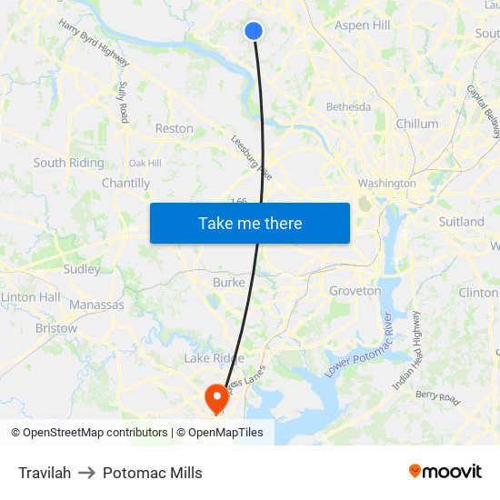 Travilah to Potomac Mills map