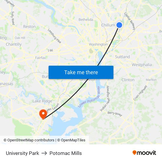 University Park to Potomac Mills map