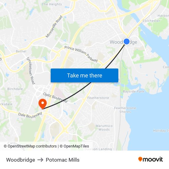 Woodbridge to Potomac Mills map