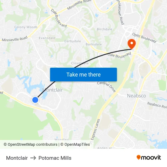 Montclair to Potomac Mills map