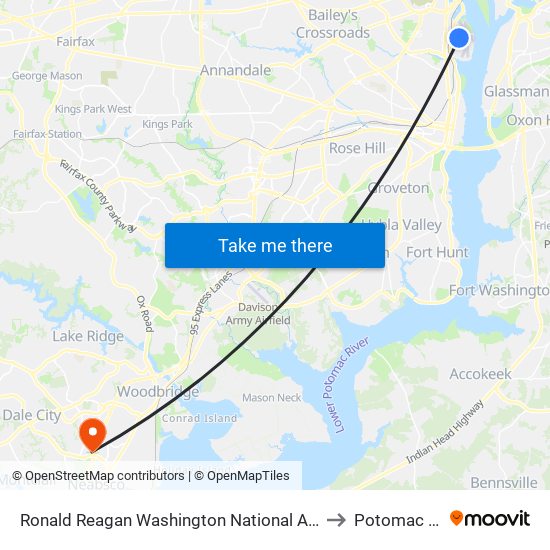 Ronald Reagan Washington National Airport (Dca) to Potomac Mills map