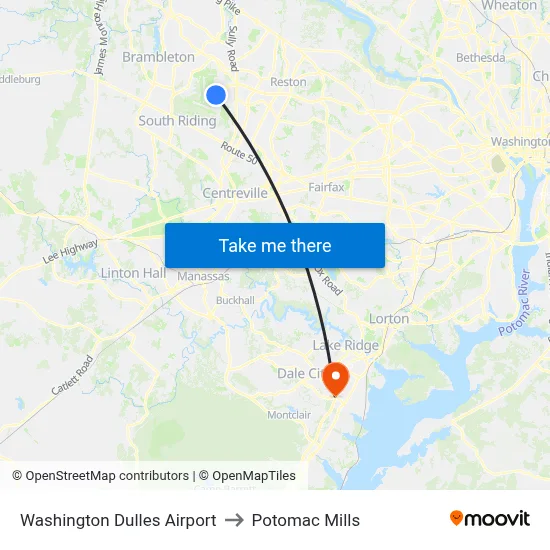 Washington Dulles Airport to Potomac Mills map