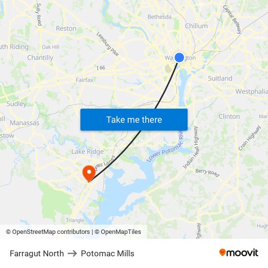 Farragut North to Potomac Mills map