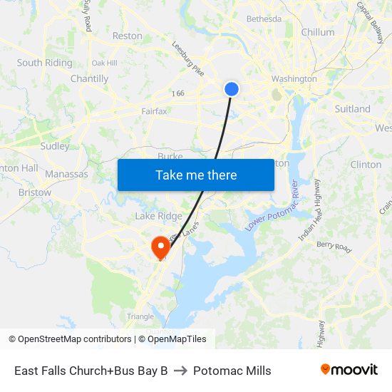 East Falls Church+Bay B to Potomac Mills map