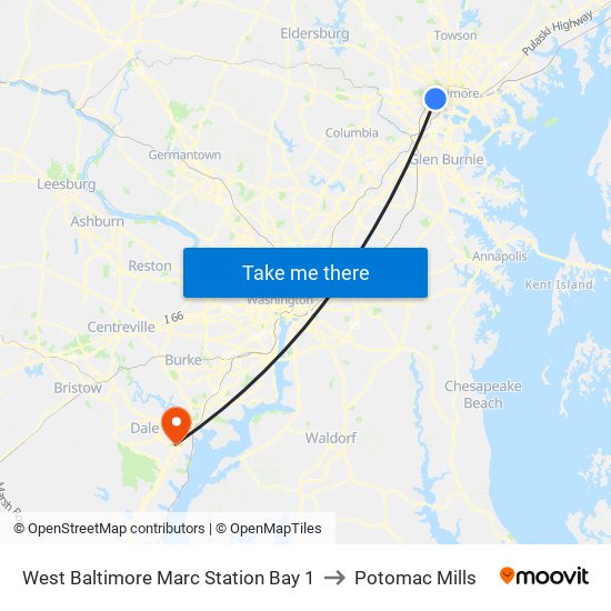 West Baltimore Marc Station Bay 1 to Potomac Mills map