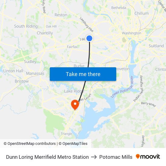 Dunn Loring Merrifield Metro Station to Potomac Mills map