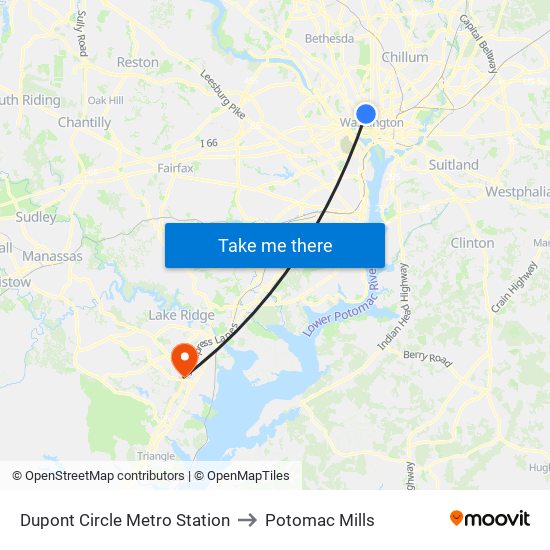 Dupont Circle Metro Station to Potomac Mills map