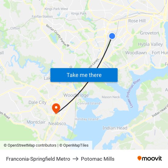 Franconia-Springfield Metro to Potomac Mills map