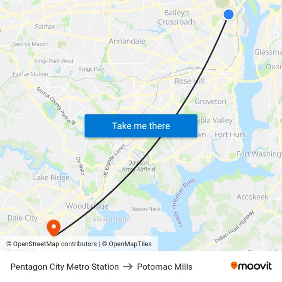 Pentagon City Metro Station to Potomac Mills map