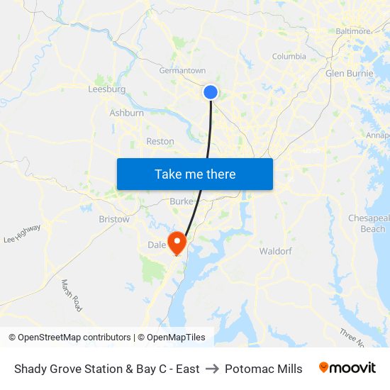 Shady Grove Station & Bay C - East to Potomac Mills map