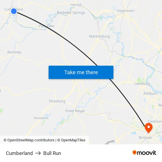 Cumberland to Bull Run map