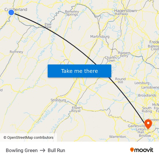 Bowling Green to Bull Run map