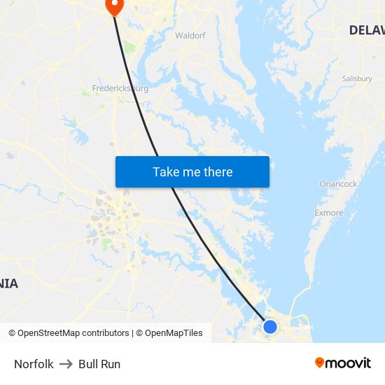 Norfolk to Bull Run map