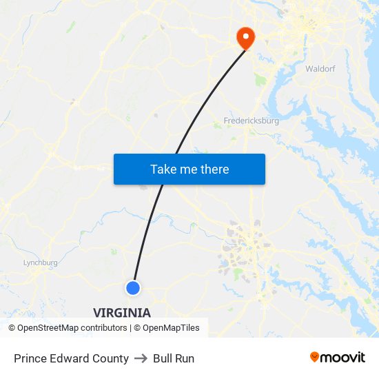 Prince Edward County to Bull Run map