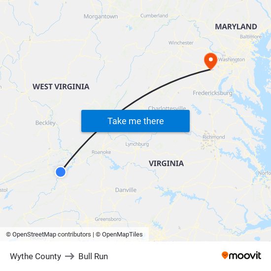 Wythe County to Bull Run map