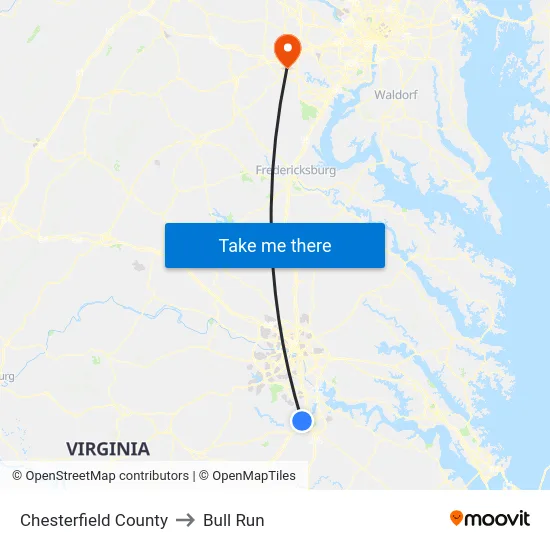 Chesterfield County to Bull Run map
