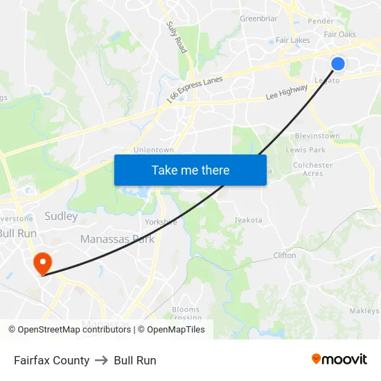 Fairfax County to Bull Run map