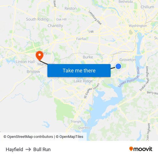 Hayfield to Bull Run map