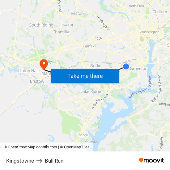 Kingstowne to Bull Run map