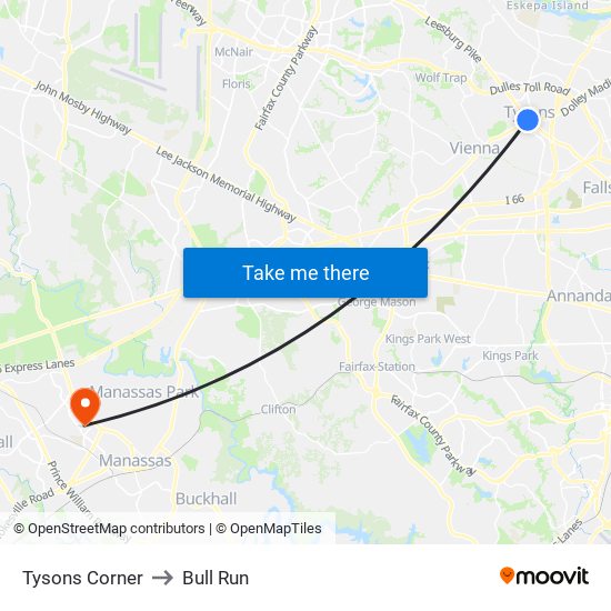 Tysons Corner to Bull Run map