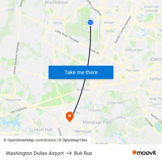 Washington Dulles Airport to Bull Run map