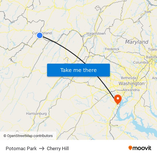 Potomac Park to Cherry Hill map