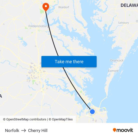 Norfolk to Cherry Hill map