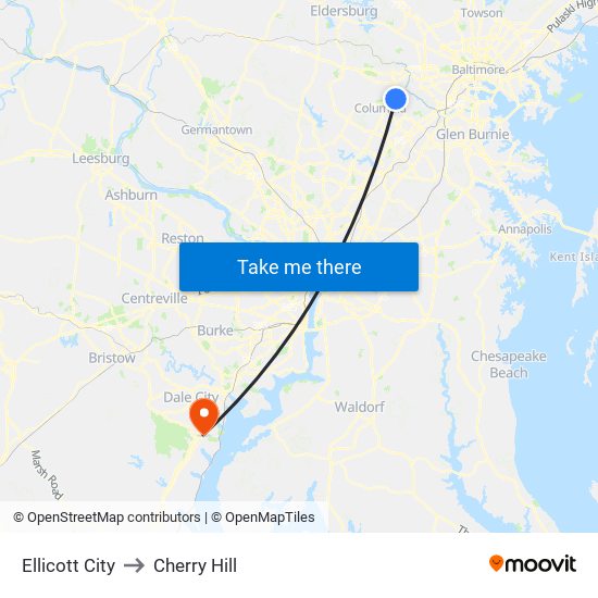 Ellicott City to Cherry Hill map