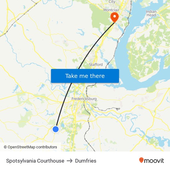 Spotsylvania Courthouse to Dumfries map