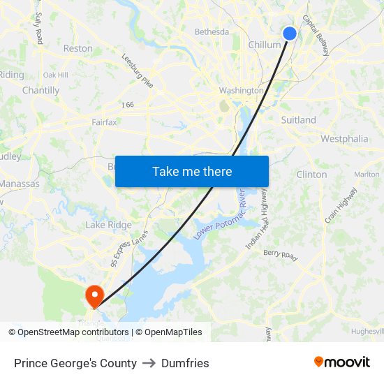 Prince George's County to Dumfries map