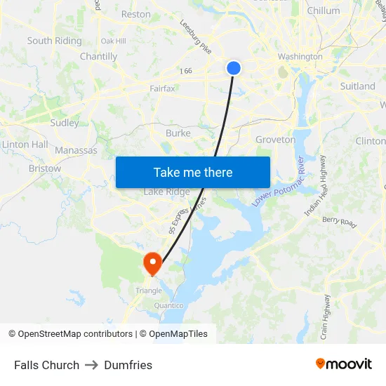 Falls Church to Dumfries map