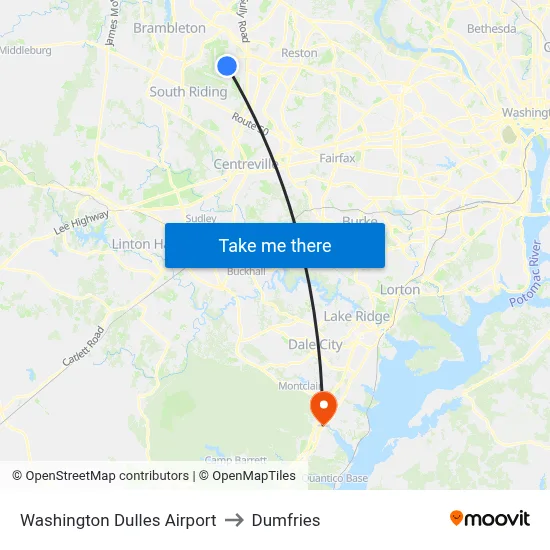 Washington Dulles Airport to Dumfries map
