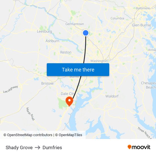 Shady Grove to Dumfries map