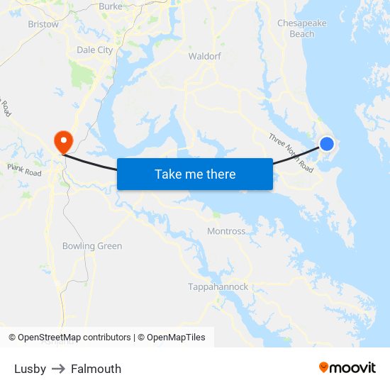 Lusby to Falmouth map