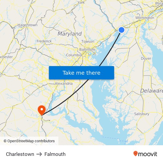 Charlestown to Falmouth map