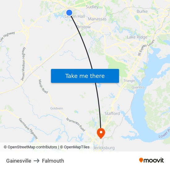 Gainesville to Falmouth map