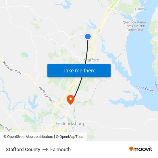 Stafford County to Falmouth map