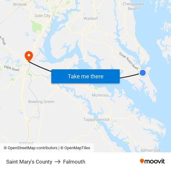 Saint Mary's County to Falmouth map